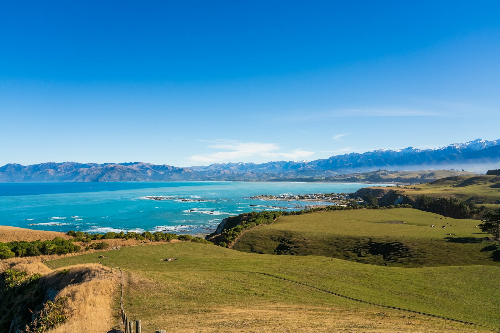 A scenic view of the ocean from a hill