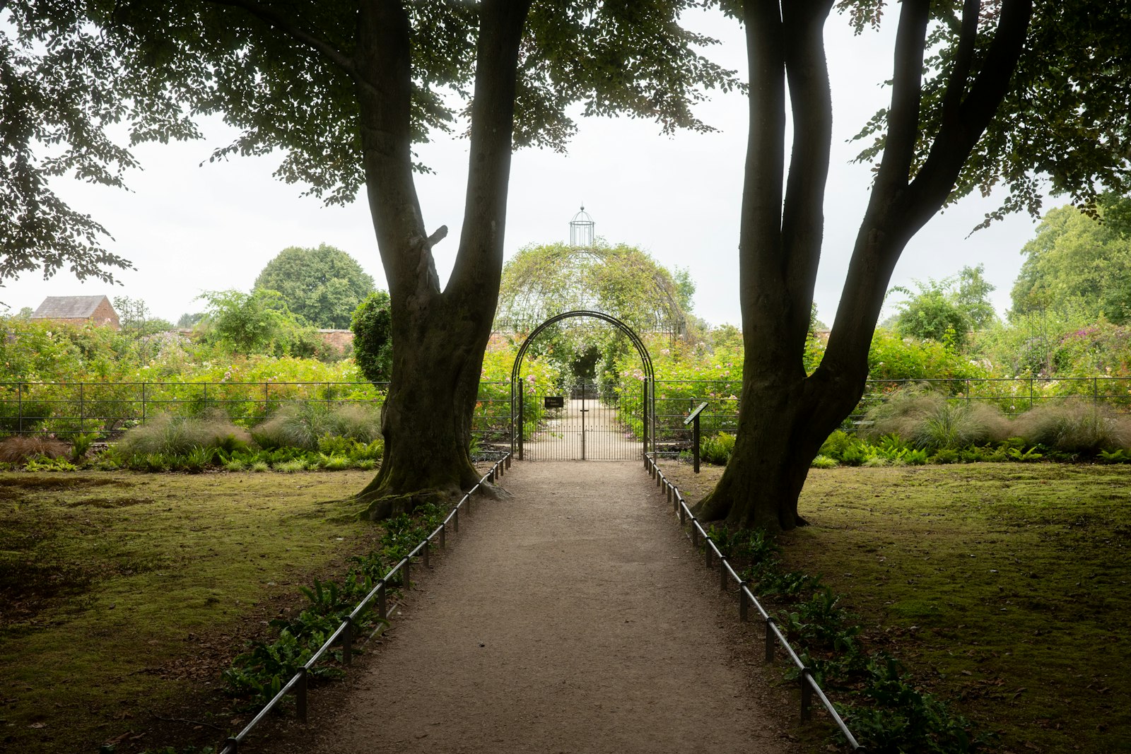 A garden path framed by trees leading to an archway